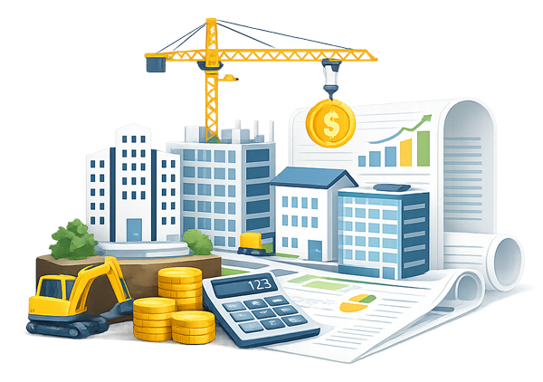 Vector illustration of commercial real estate development featuring modern office buildings, a construction crane, an excavator, a calculator, and stacks of gold coins on top of financial documents